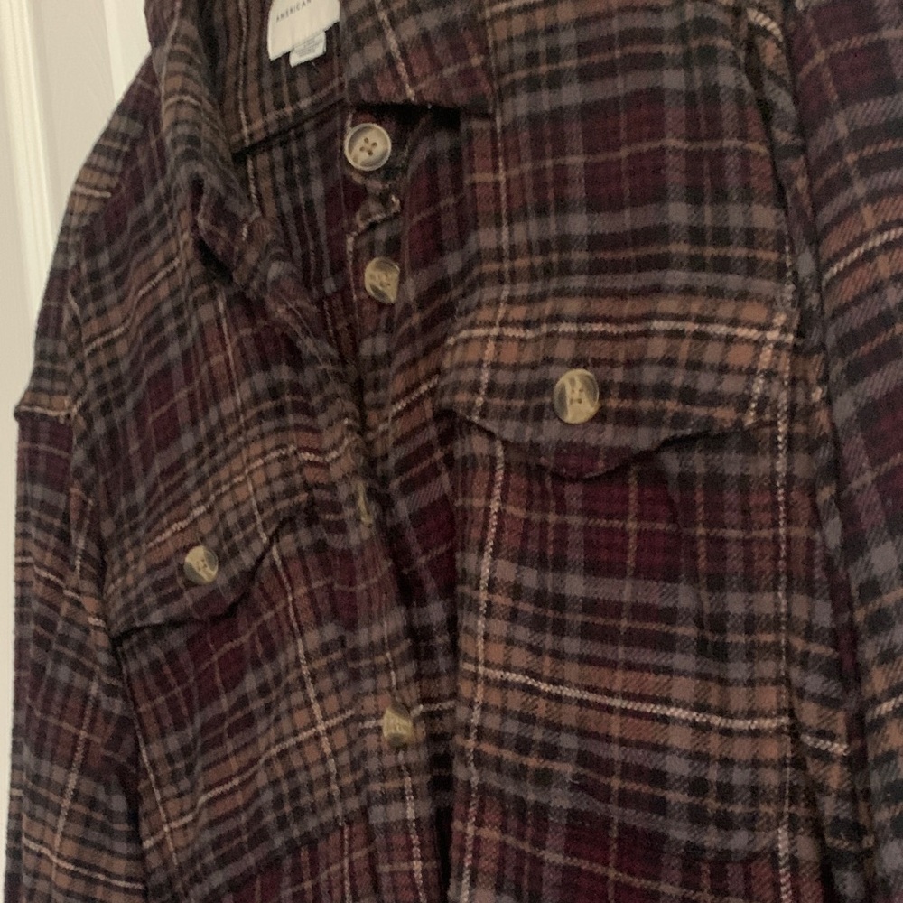 American Eagle Outfitters Maroon and Brown Plaid Shirt